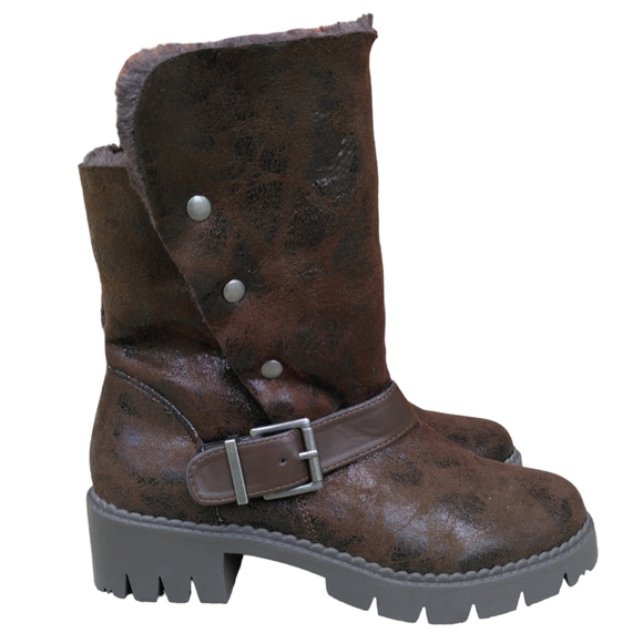 LFL By Lust For Life 7.5 Brown Faux Fur Buckle Snap Chunky Metallic Brown Boots - Picture 5 of 16